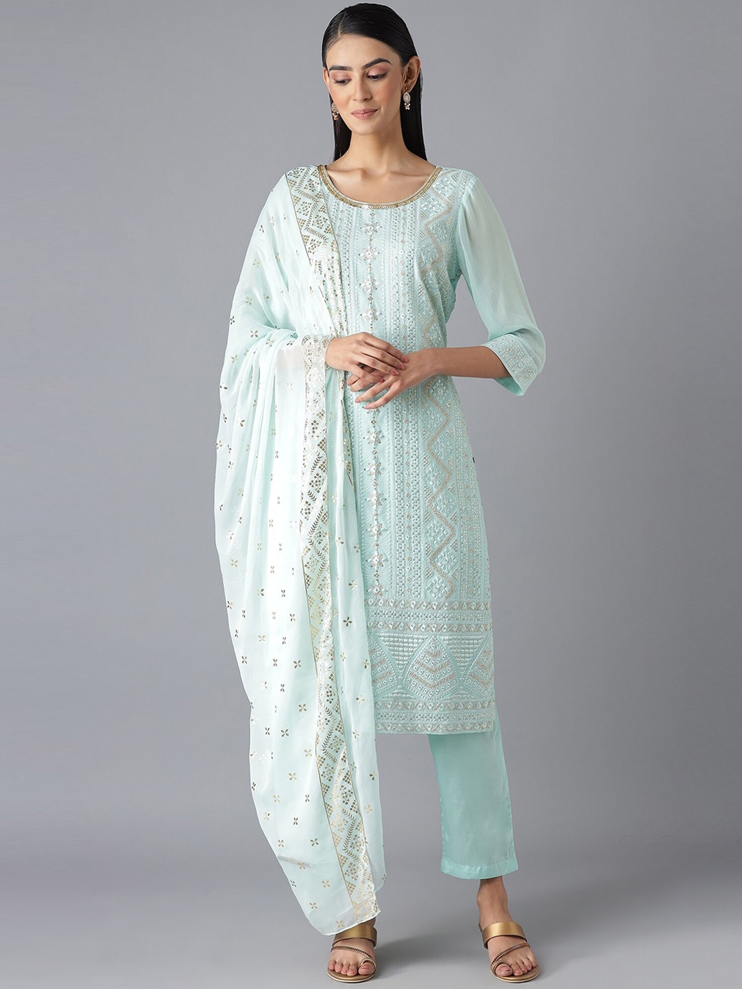 

AURELIA Women Blue Ethnic Motifs Embroidered Kurta with Trousers & With Dupatta