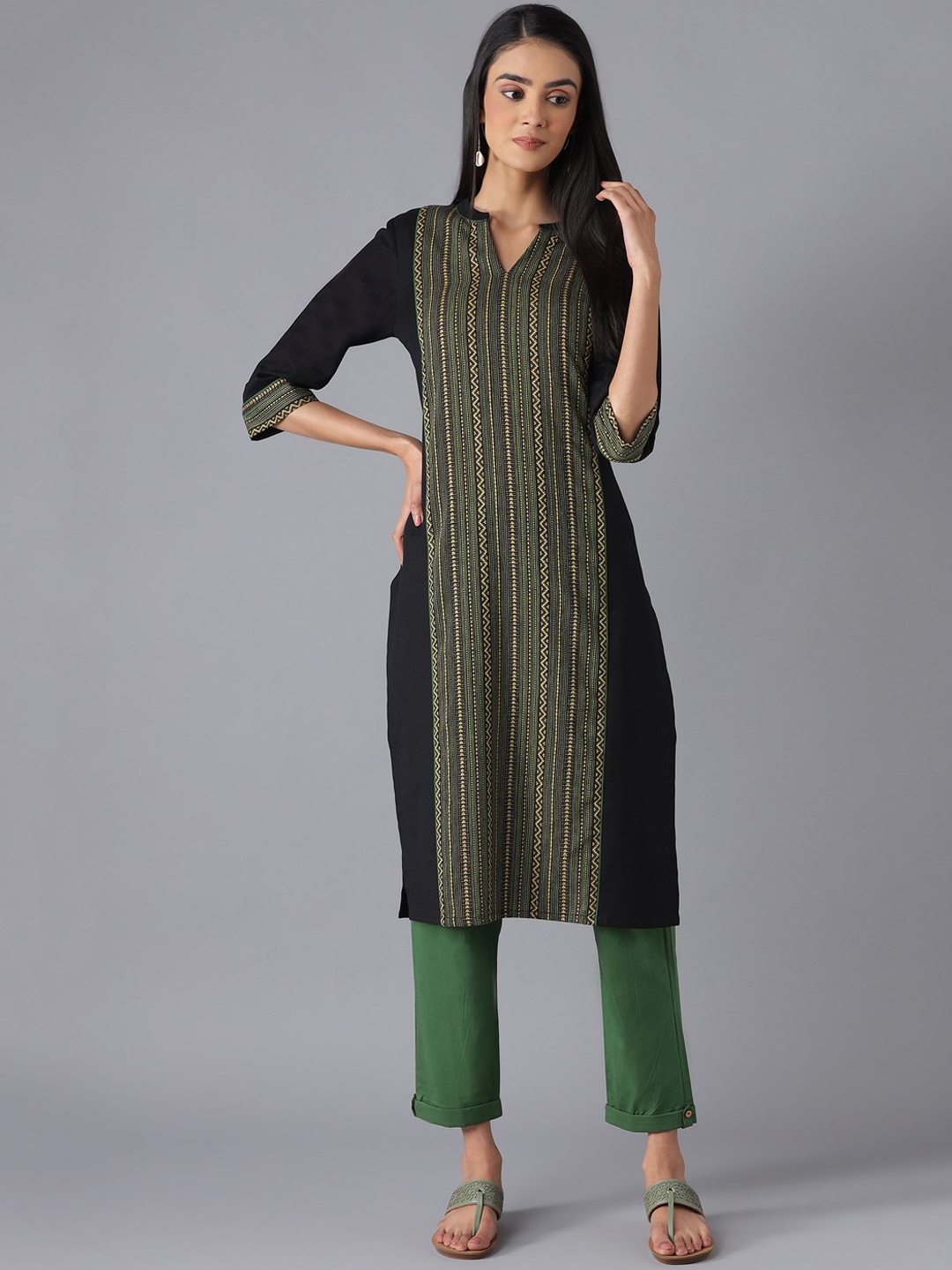

AURELIA Women Blac & Green Striped Panelled Pure Cotton Kurta with Trousers, Black