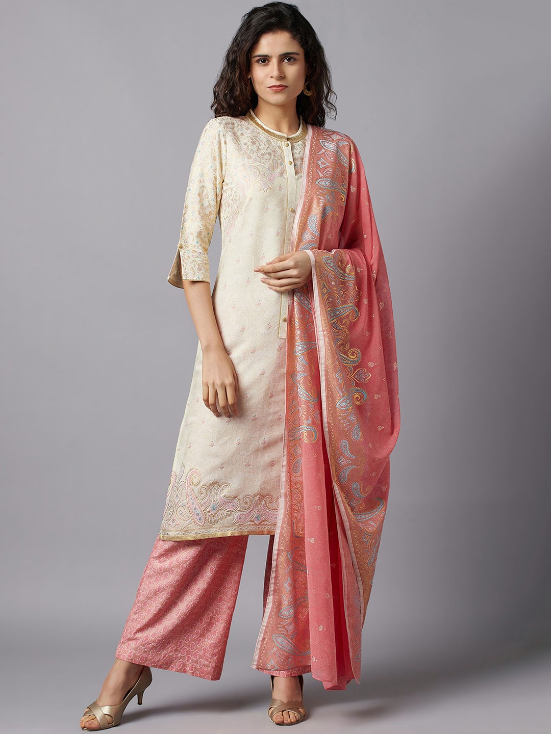 

AURELIA Women White Paisley Printed Kurta with Palazzos & With Dupatta