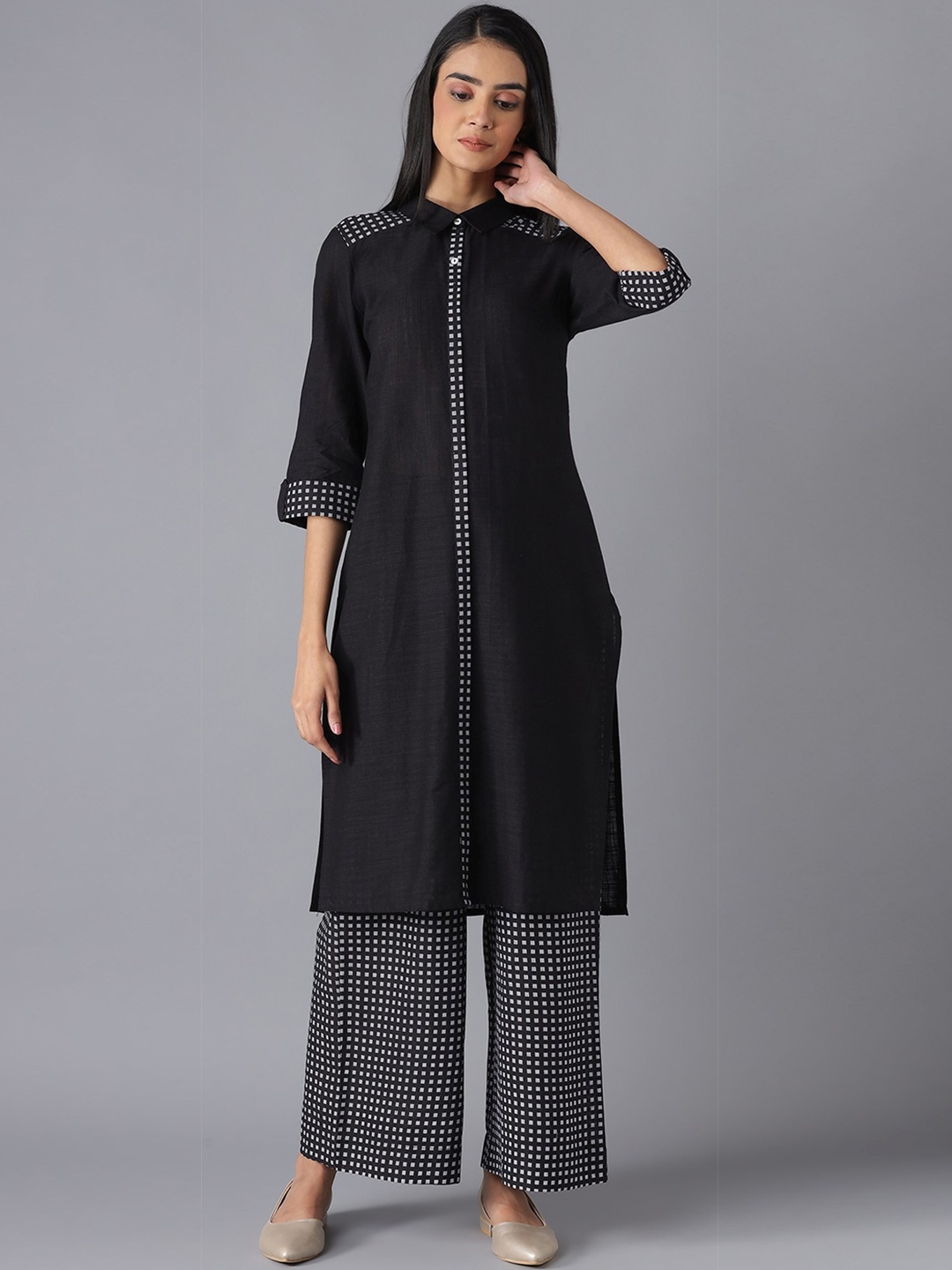 

AURELIA Women Black Printed Pure Cotton Kurta with Palazzos