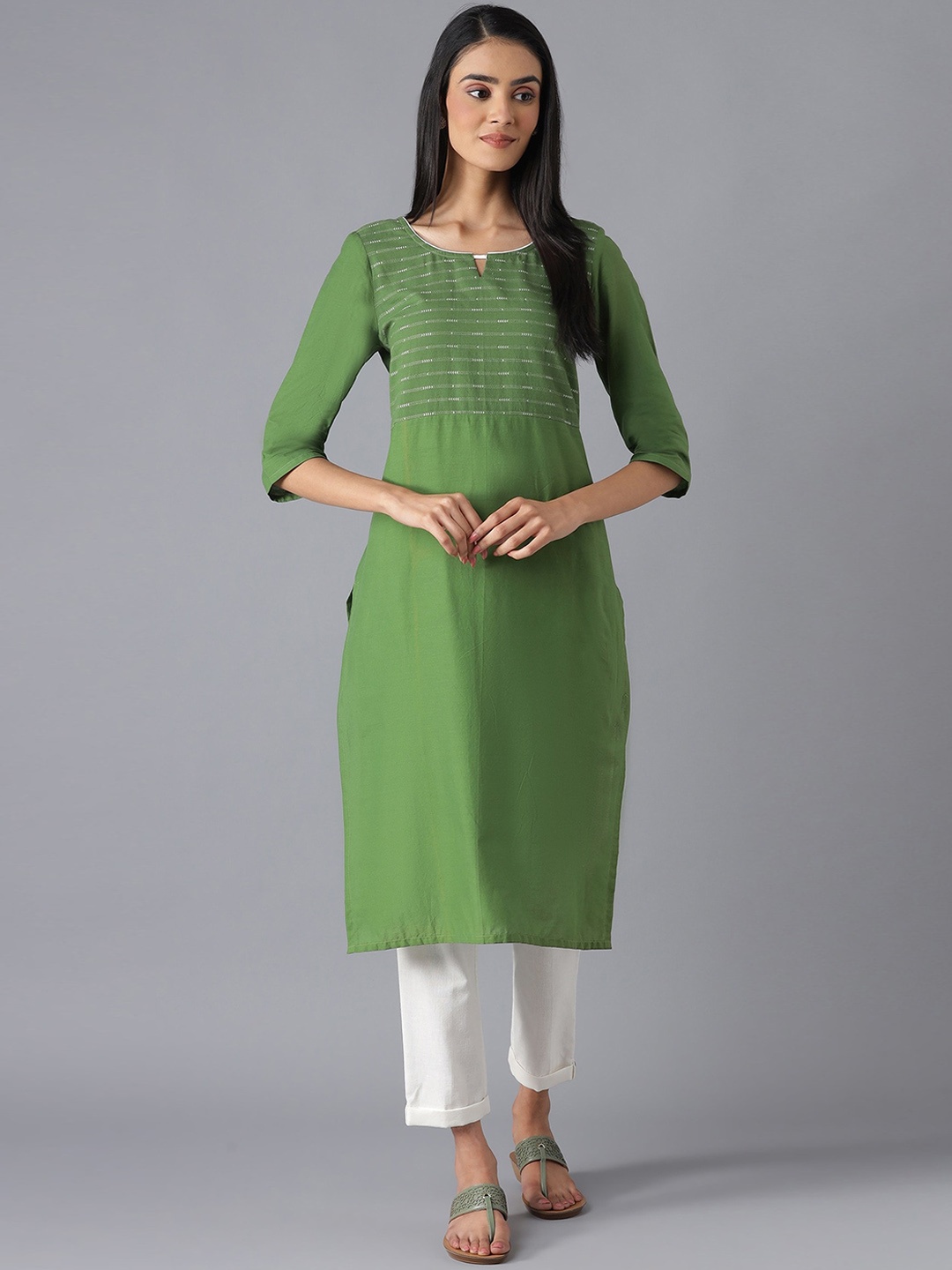 

AURELIA Women Green Striped Pure Cotton Kurta with Trousers