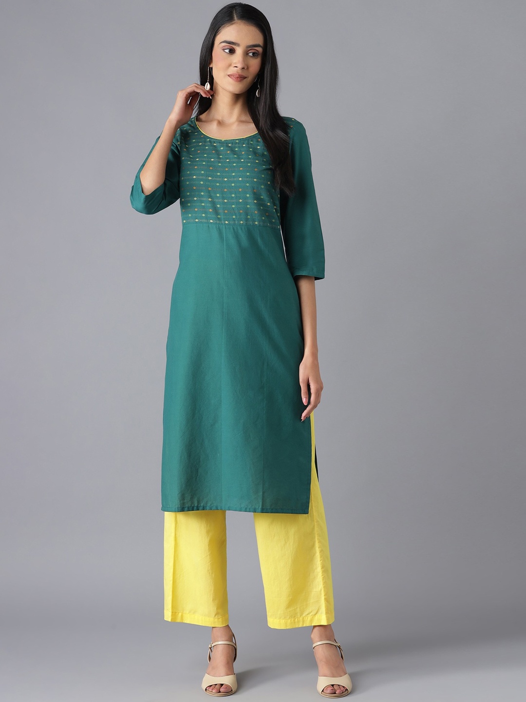 

AURELIA Women Green & Yellow Yoke Design Pure Cotton Kurta with Palazzos