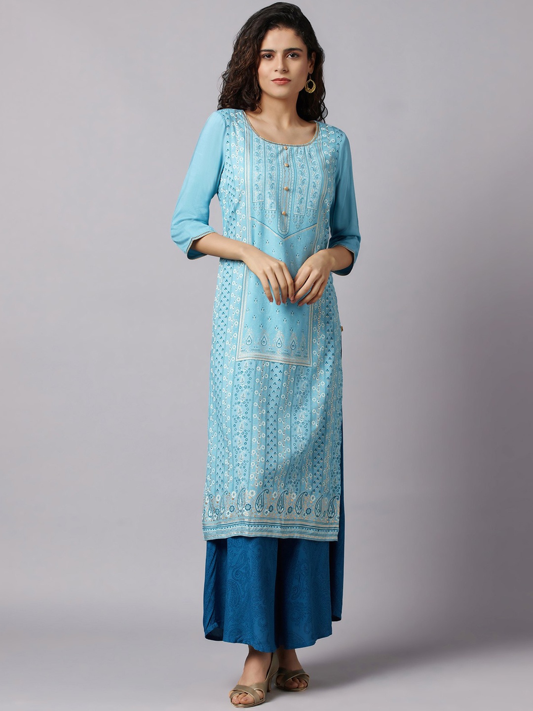 

AURELIA Women Blue Ethnic Motifs Printed Layered LIVA Kurta with Palazzos