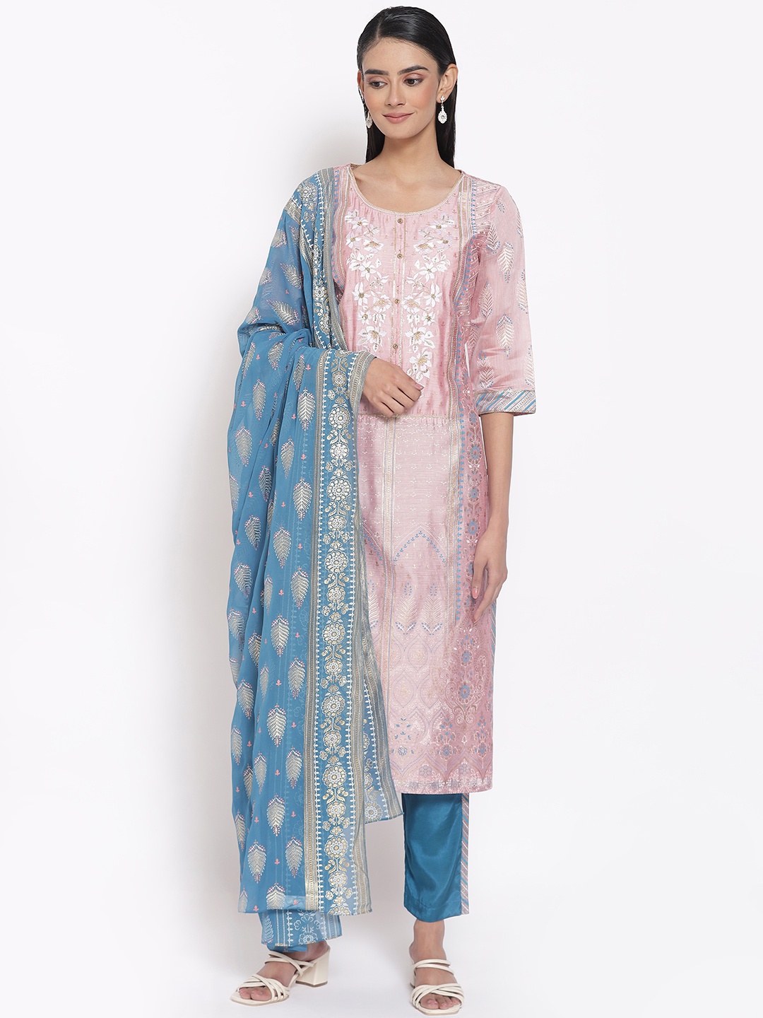 

AURELIA Women Pink & Blue Floral Embroidered Kurta with Trousers & Dupatta
