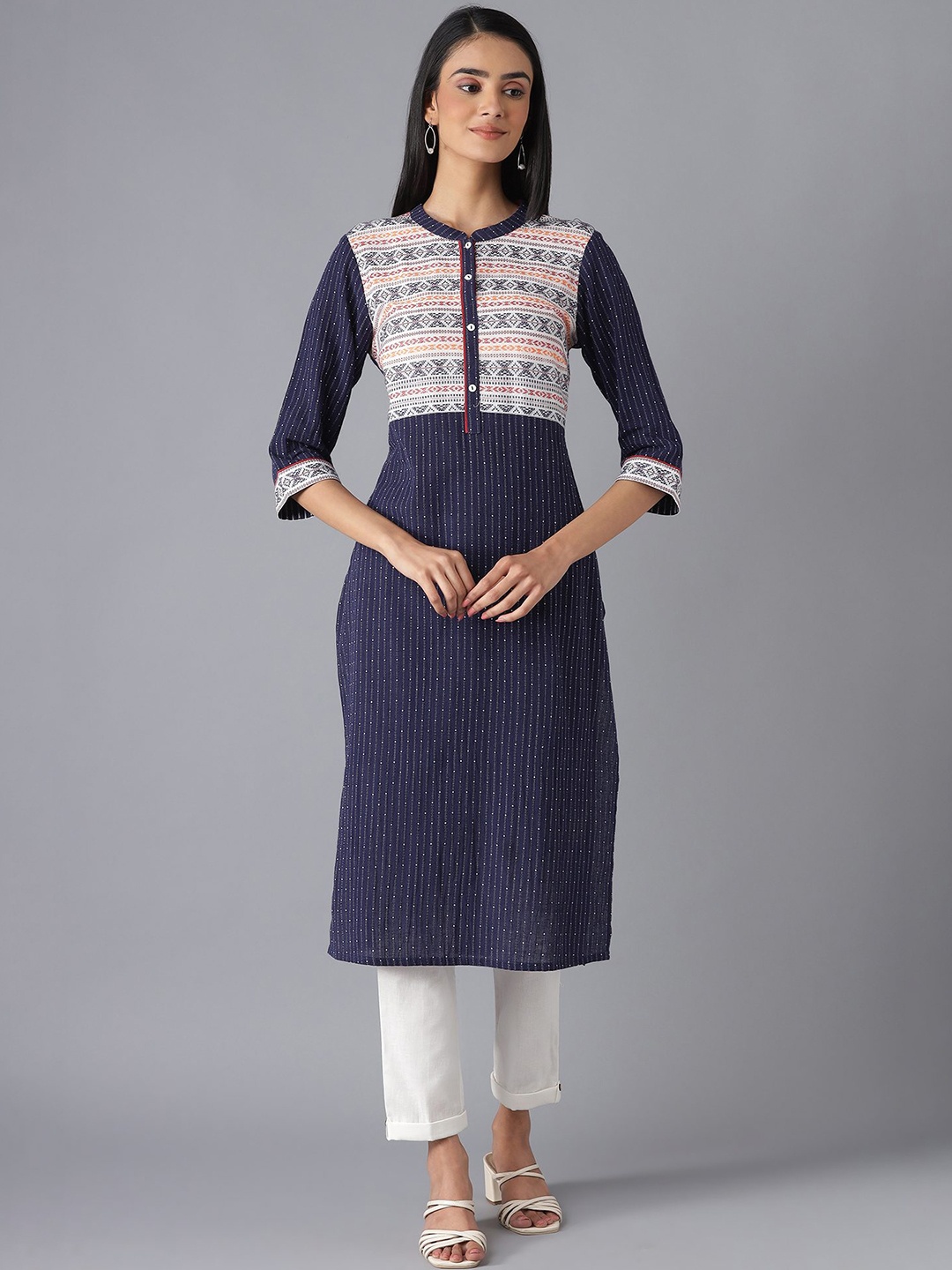 

AURELIA Women Navy Blue & White Pure Cotton Kurta with Trousers
