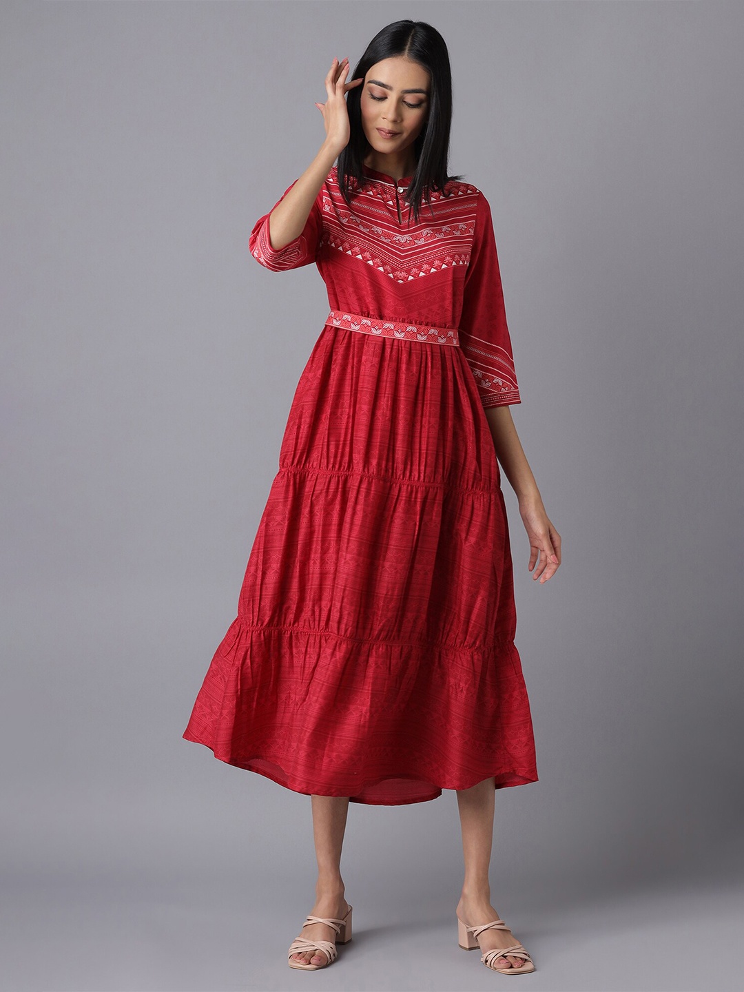 

AURELIA Red Ethnic Motifs Tiered Midi Dress