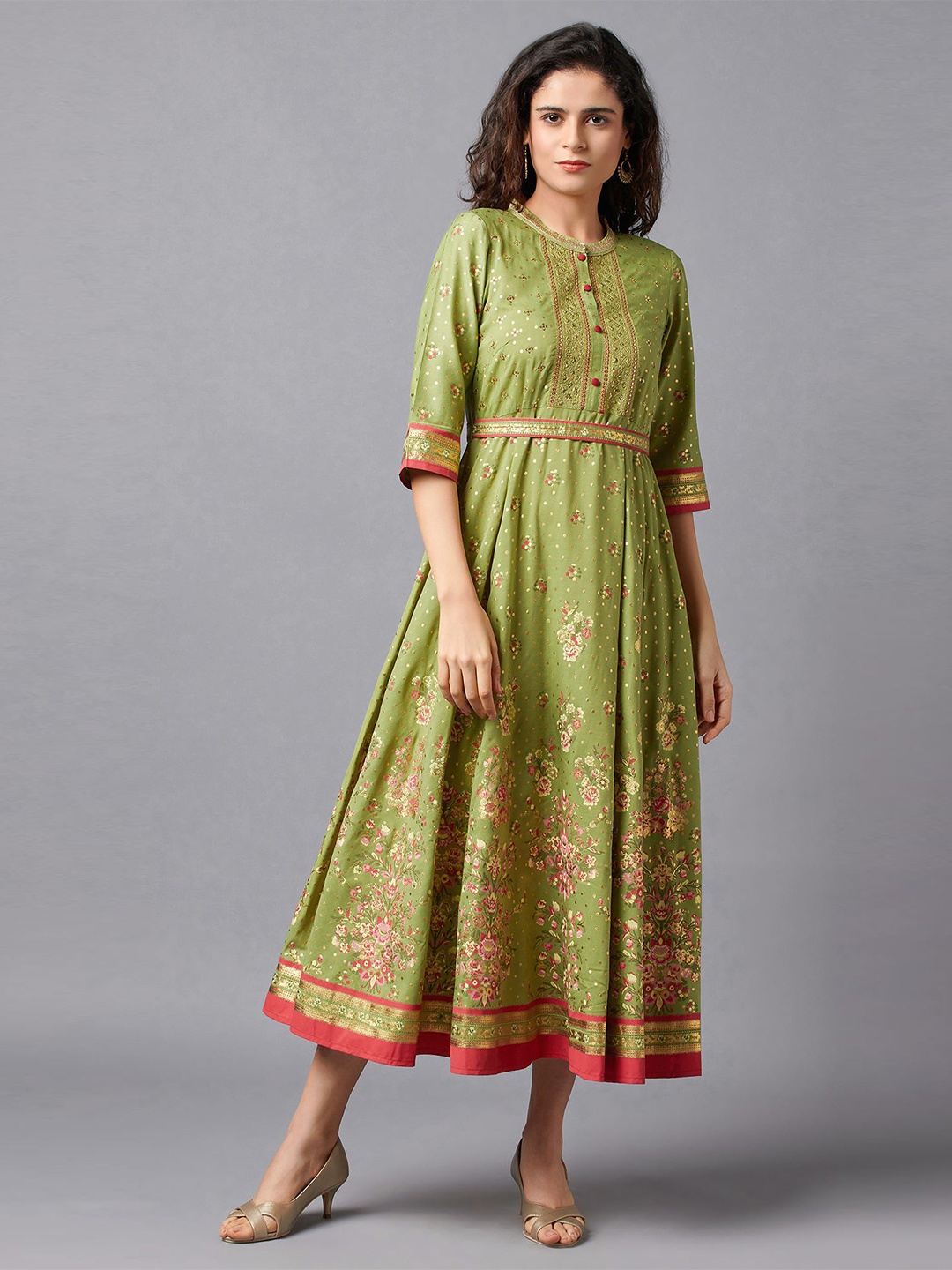 

AURELIA Green & Pink Ethnic Motifs Ethnic A-Line Midi Dress