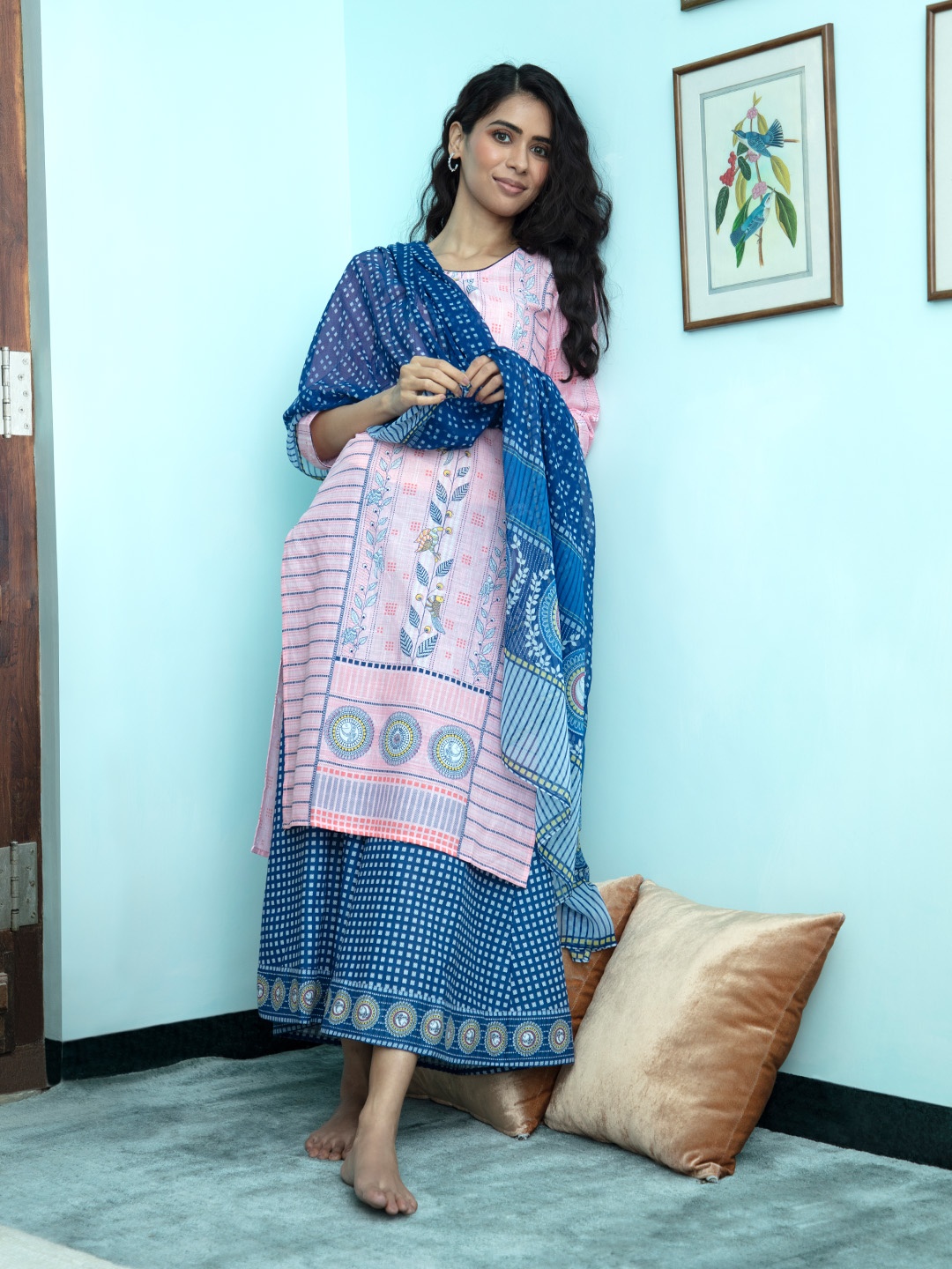 

AURELIA Women Pink Ethnic Motifs Printed Pure Cotton Kurti with Palazzos & With Dupatta