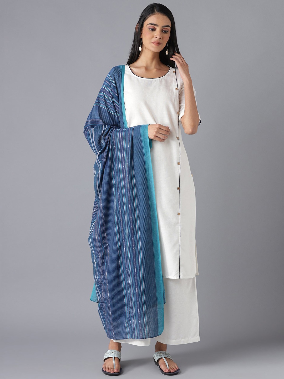 

AURELIA Women White Panelled Kurta with Palazzos & With Dupatta