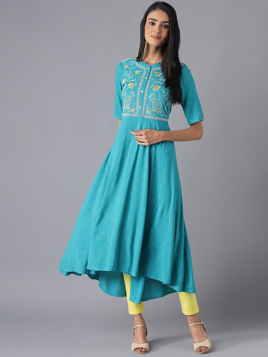 

AURELIA Women Blue & Yellow Yoke Design Empire Kurta with Trousers