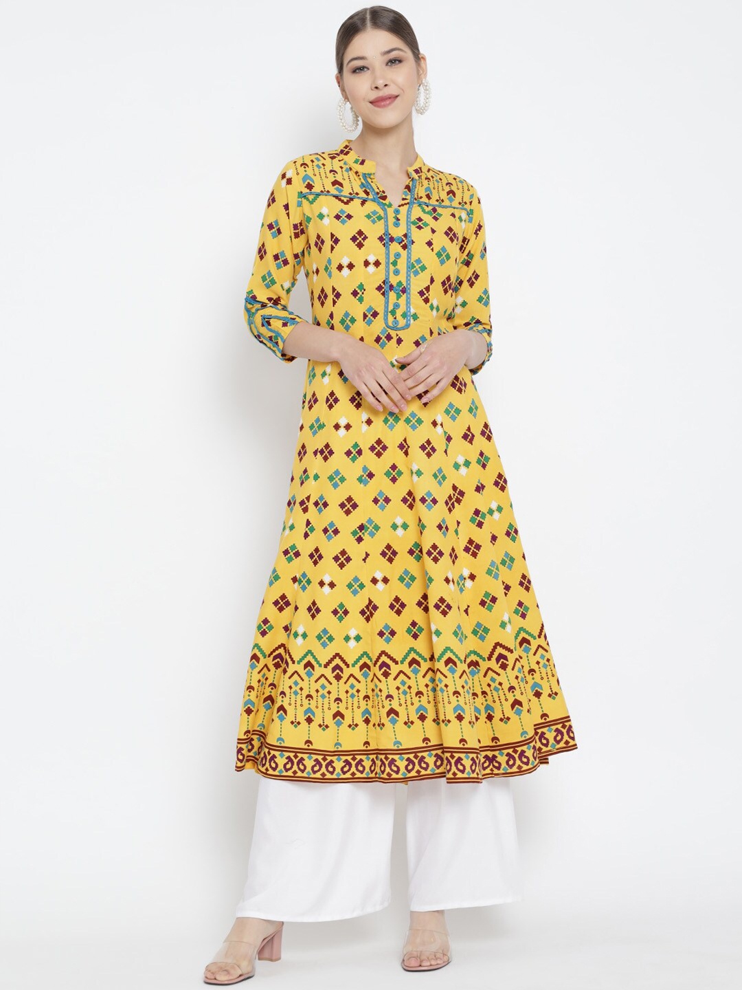 

YASH GALLERY Women Yellow & Maroon Geometric Printed Panelled Kurti