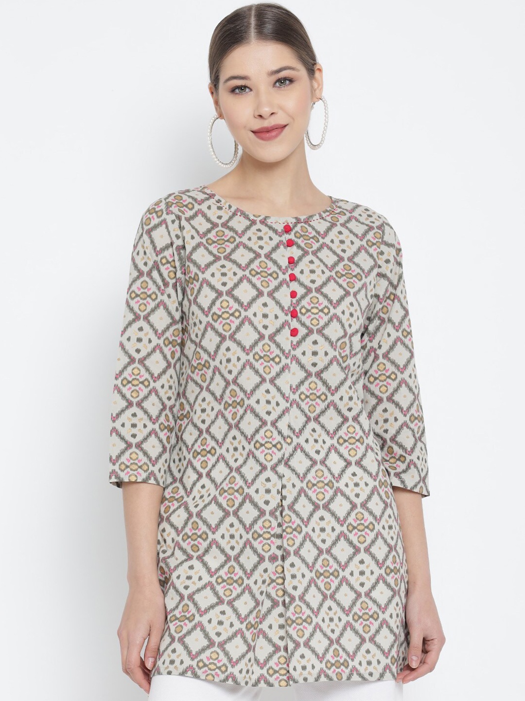 

YASH GALLERY Beige & Brown Ethnic Motifs Printed Thread Work Kurti