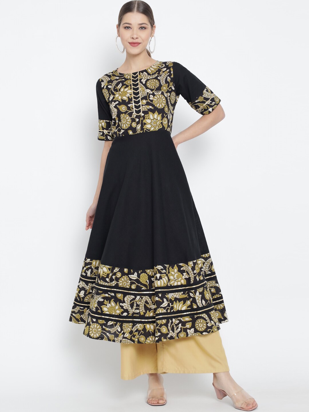 

YASH GALLERY Women Black & Yellow Floral Printed Anarkali Kurti