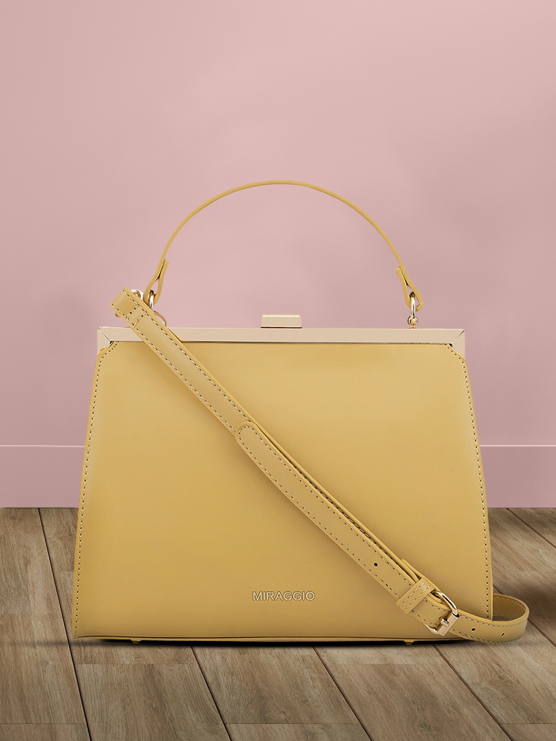 

MIRAGGIO Yellow Structured Sling Handbag with Top-Handles