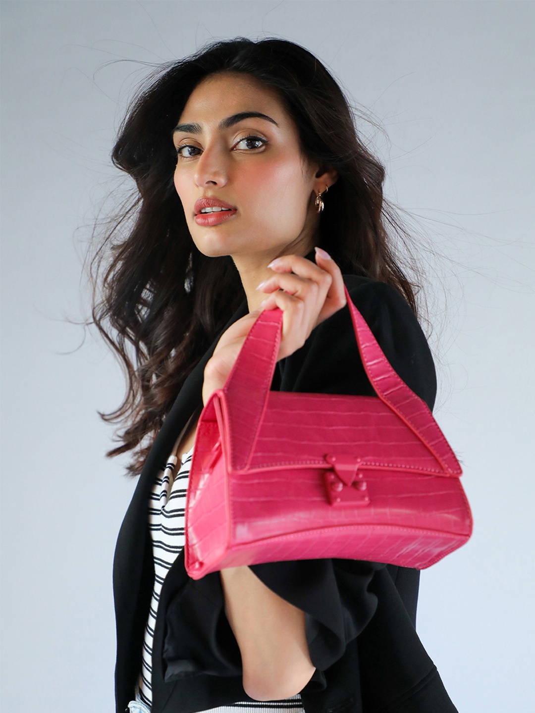 

MIRAGGIO Pink Croc-Textured Satchel Bag with Detachable Sling Strap