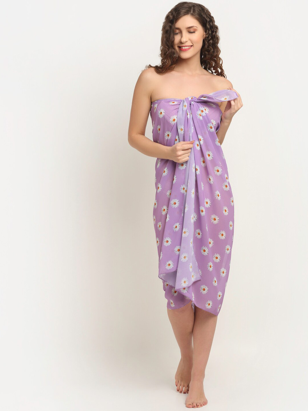 

EROTISSCH Women Lavender & White Printed Swimwear Cover up Sarong