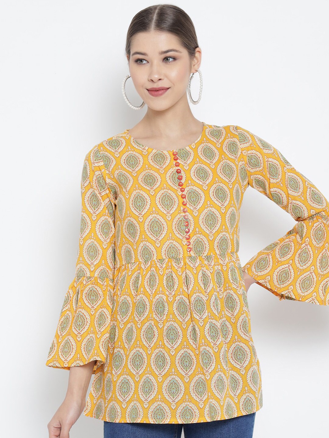 

YASH GALLERY Yellow & Green Ethnic Motifs Printed Longline A-line Kurti