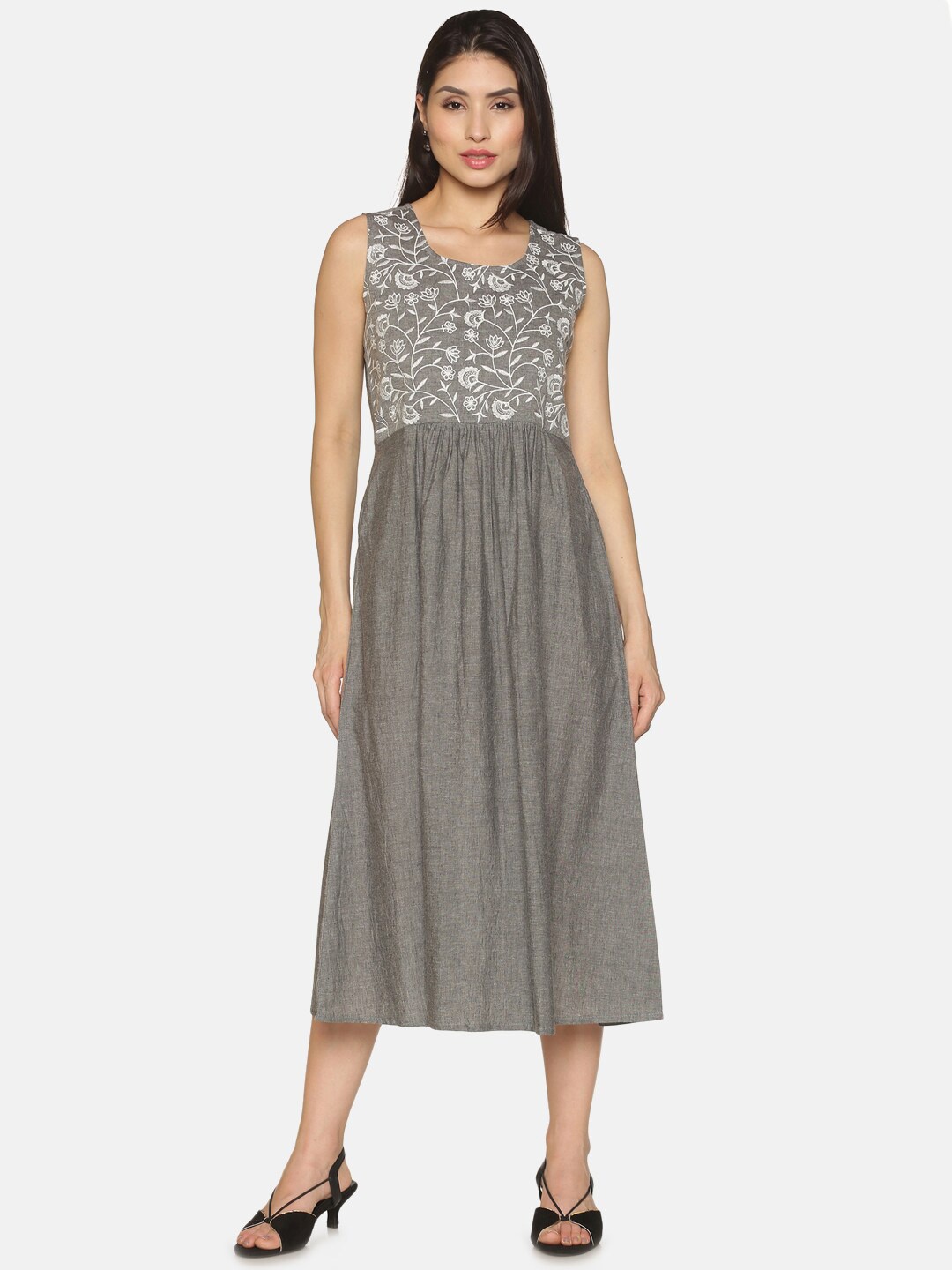 

Saffron Threads Grey & White Floral Embroidered Pure Cotton Fit & Flare Midi Dress