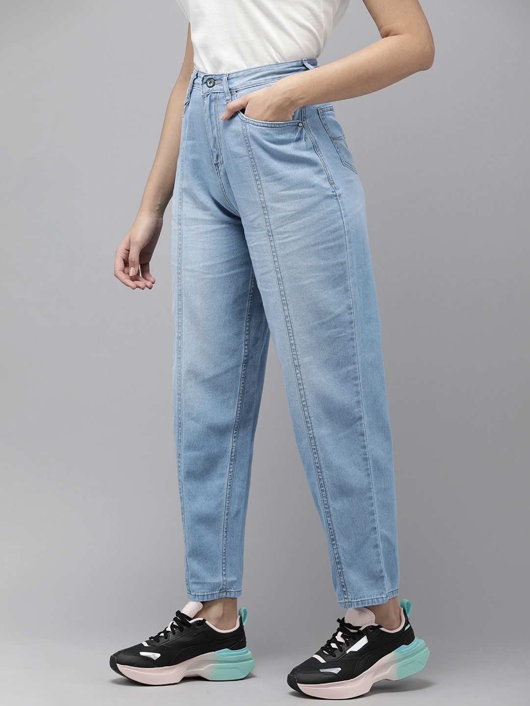 

Roadster Women Blue Dad Fit High-Rise Heavy Fade Jeans with Cut & Sew Detail