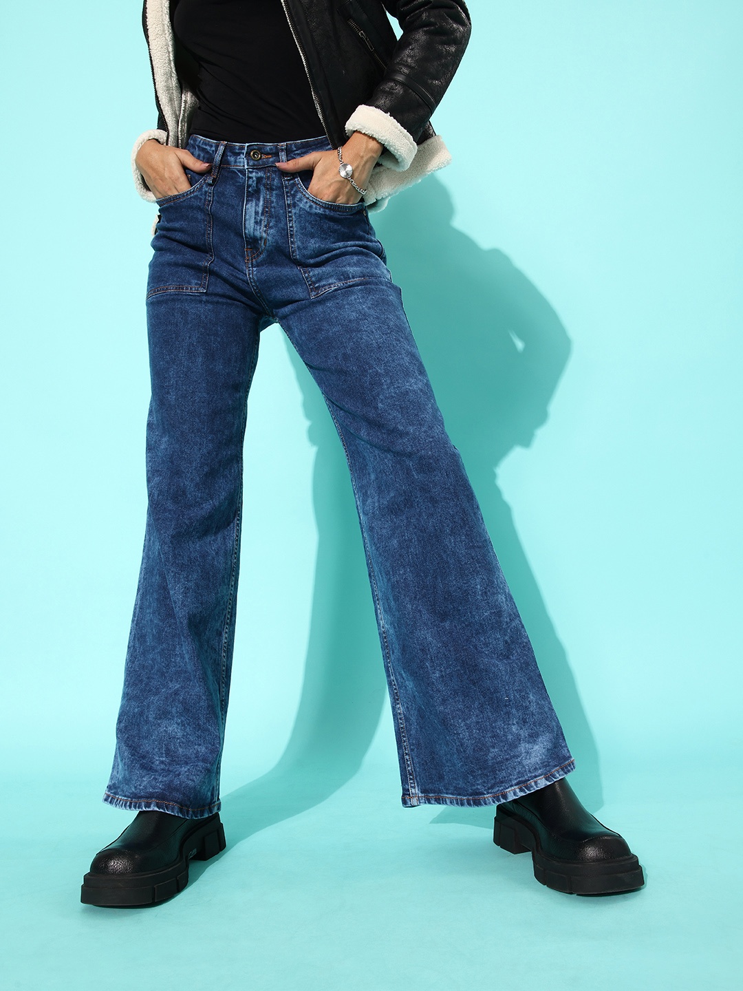 

Roadster Women Stylish Blue High-Rise Wide Leg Fit Stretchable Jeans