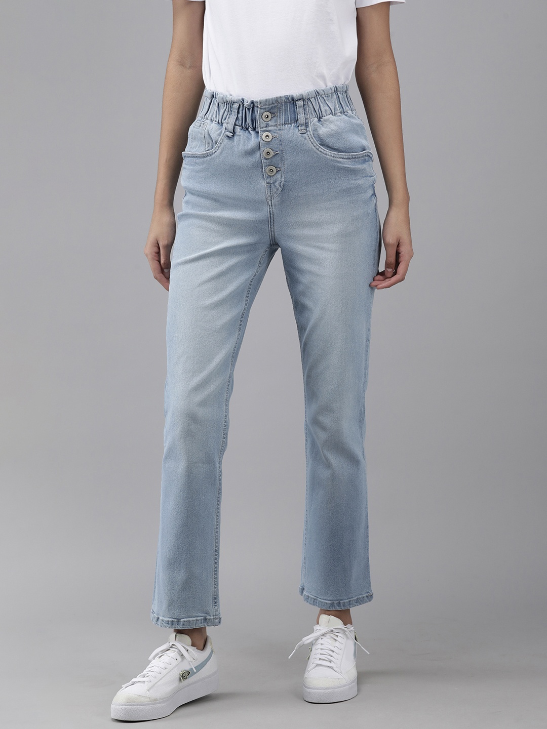 

Roadster Women Blue Straight Fit Stretchable Jeans With Paperbag Waist