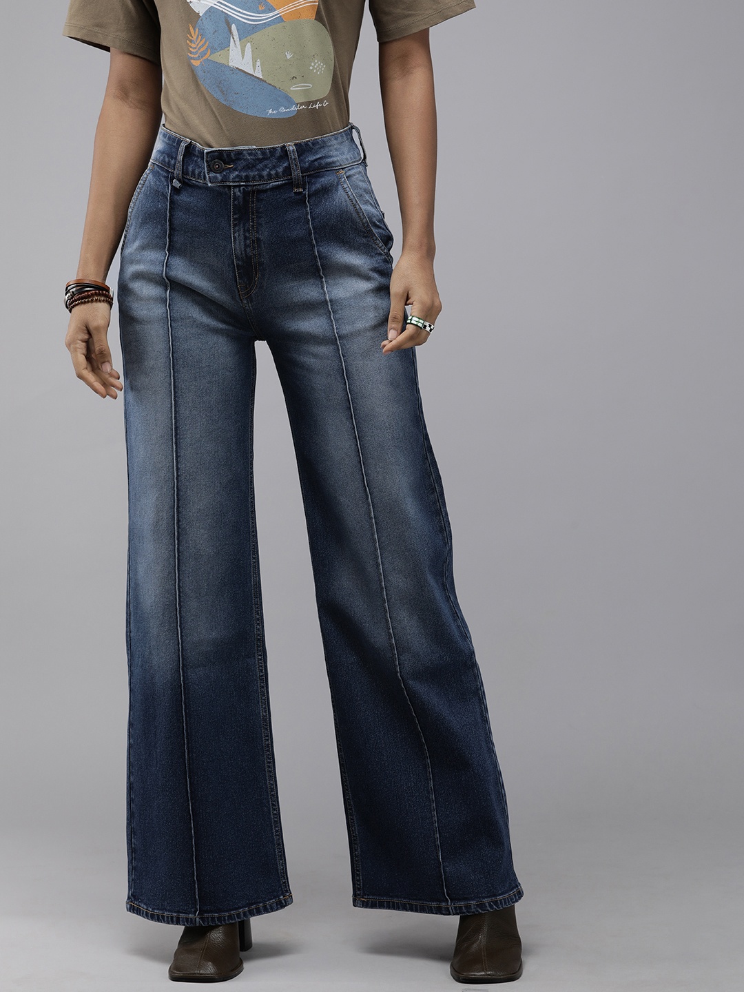 

Roadster Women Blue Wide Leg High-Rise Heavy Fade Stretchable Jeans With Cut & Sew Detail