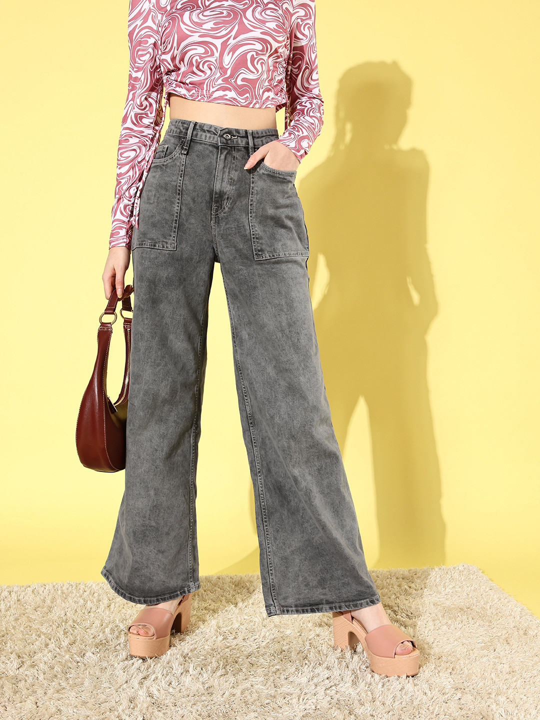 

Roadster Women Beautiful Grey High-Rise Wide Leg Fit Stretchable Jeans