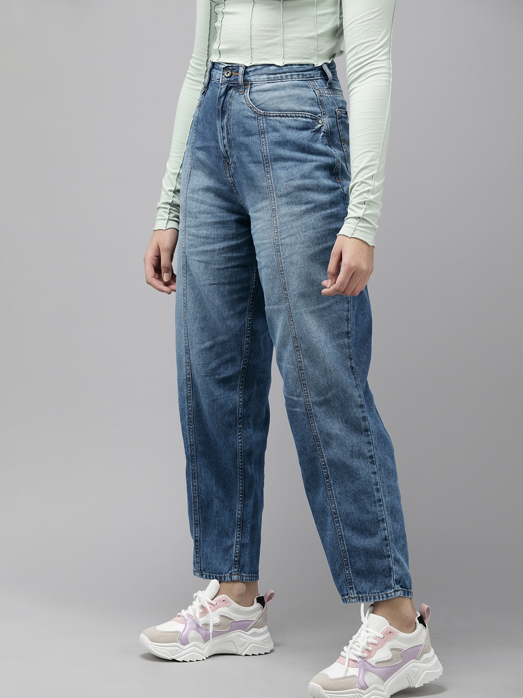 

Roadster Women Blue Dad Fit High-Rise Heavy Fade Jeans with Cut & Sew Detail