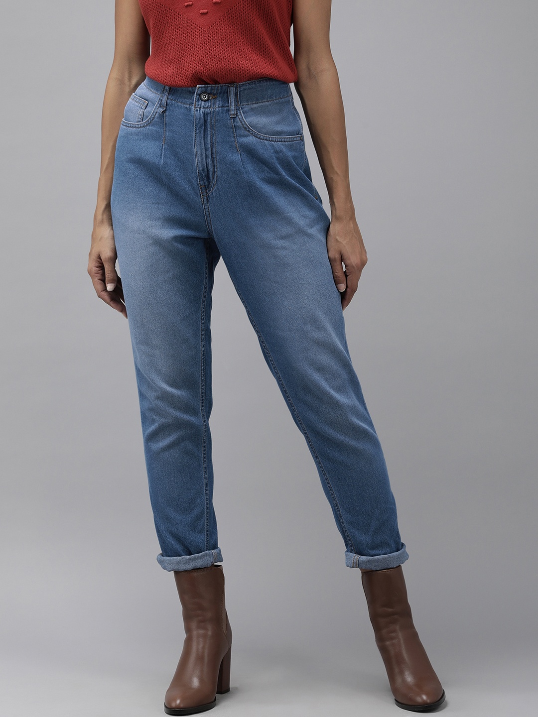 

Roadster Women Blue Relaxed Boyfriend Fit High Rise Light Fade Pure Cotton Jeans