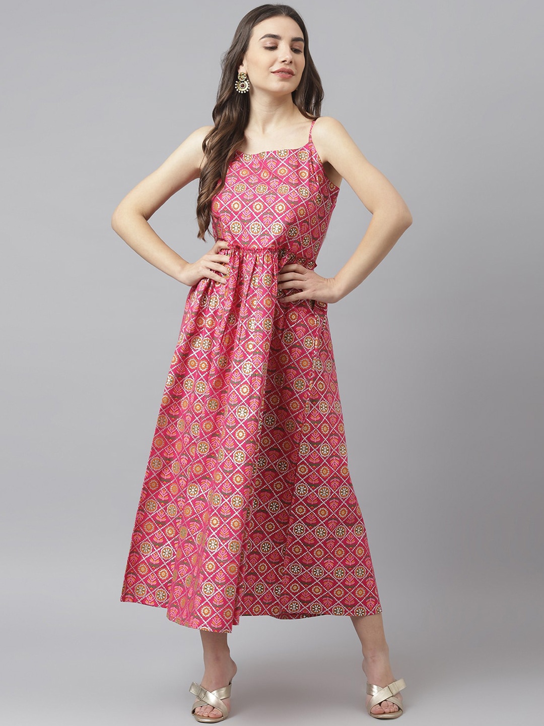 

SIAH Pink & White Ethnic Motifs Ethnic Cotton Maxi Dress