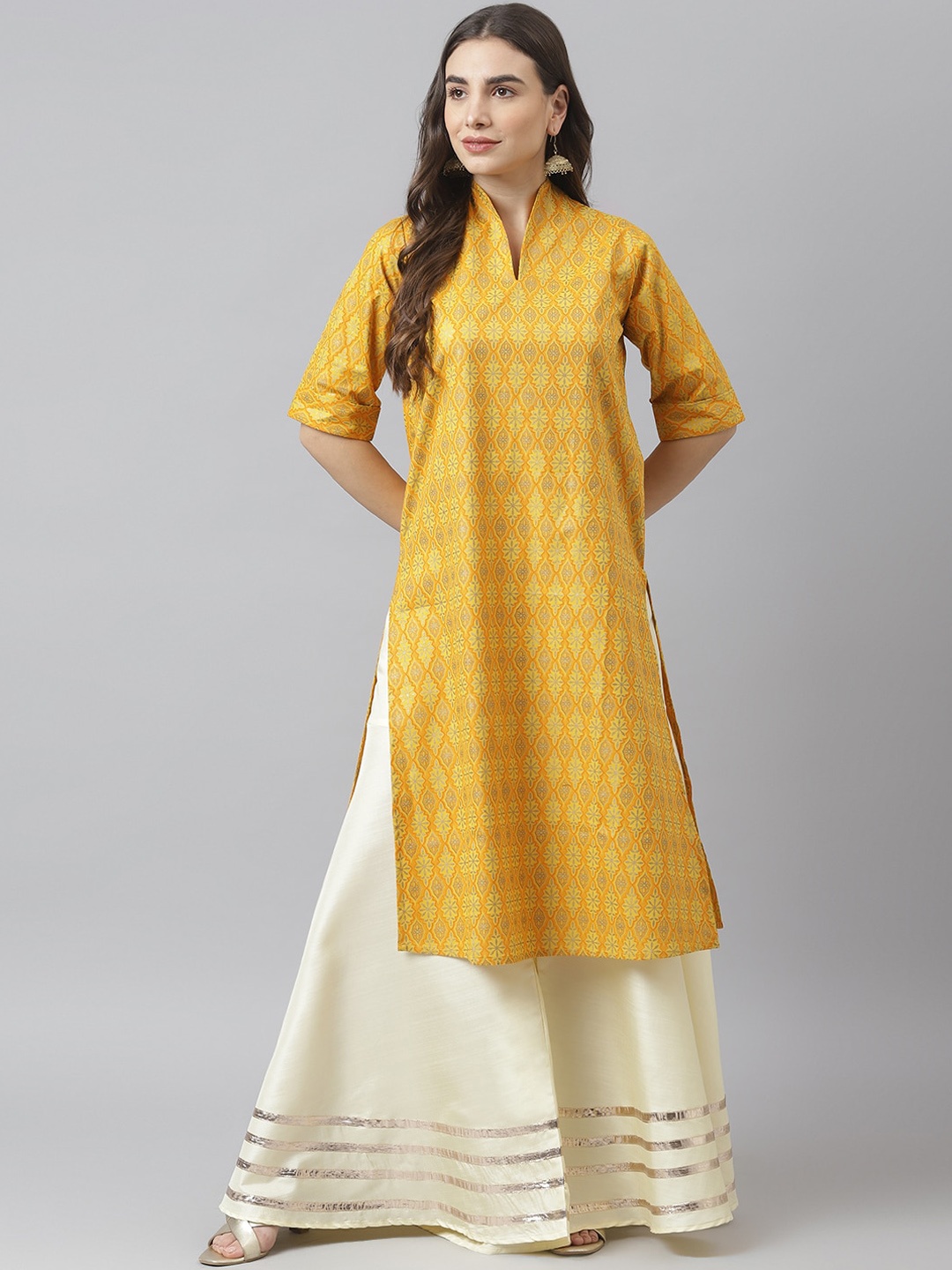 

SIAH Women Mustard Yellow Ethnic Motifs Printed Pure Cotton Kurta with Palazzos