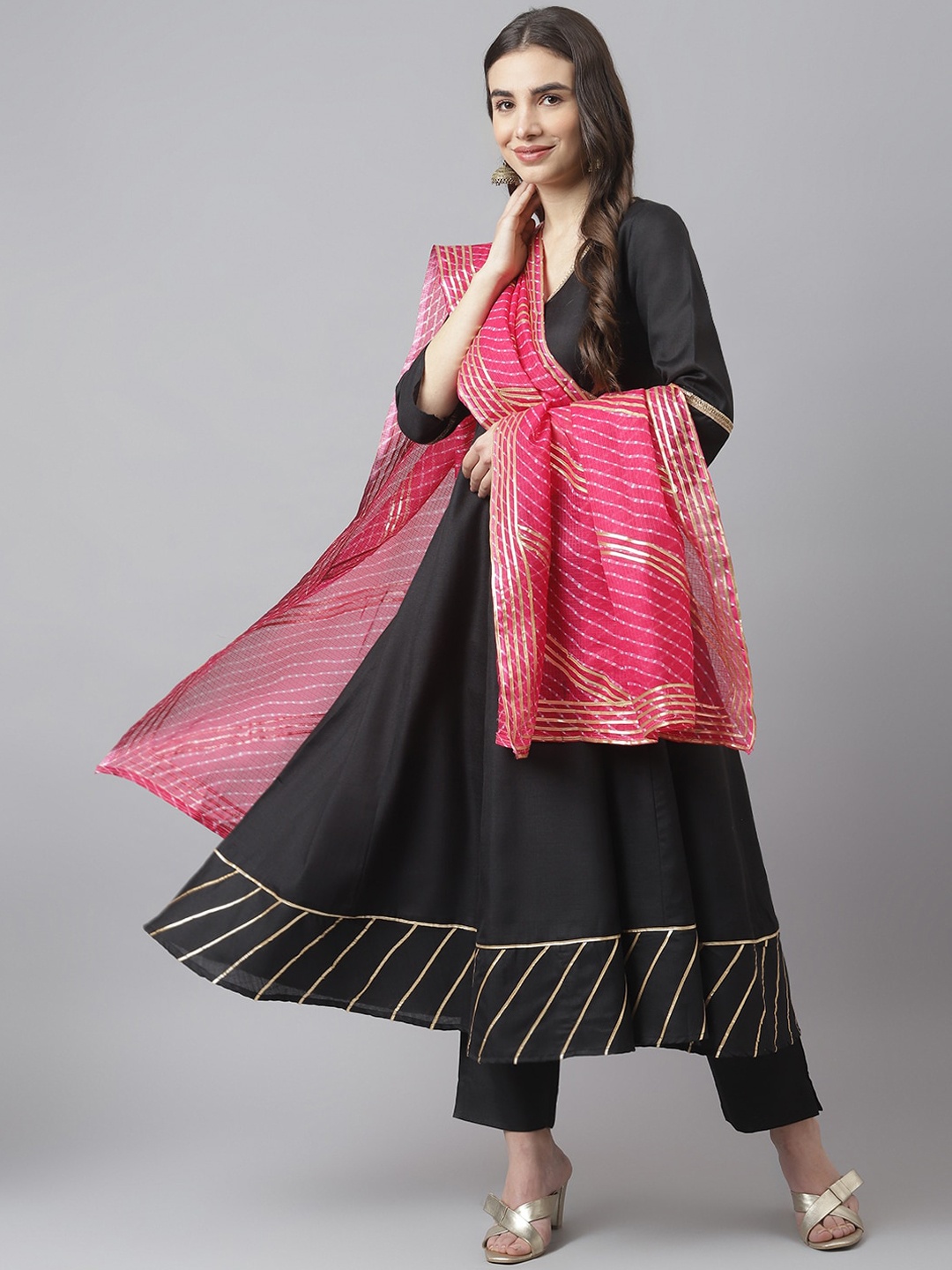 

SIAH Women Black & Pink Angrakha Pure Cotton Kurta with Trousers & Dupatta