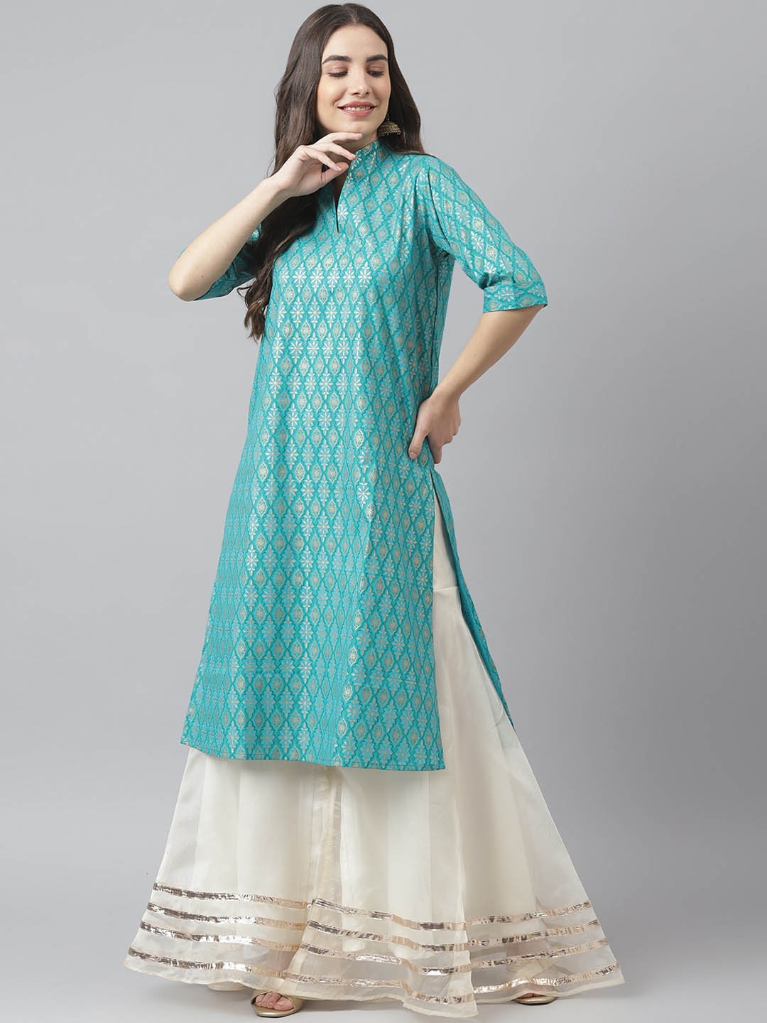 

SIAH Women Sea Green Ethnic Motifs Printed Pure Cotton Kurta with Palazzos