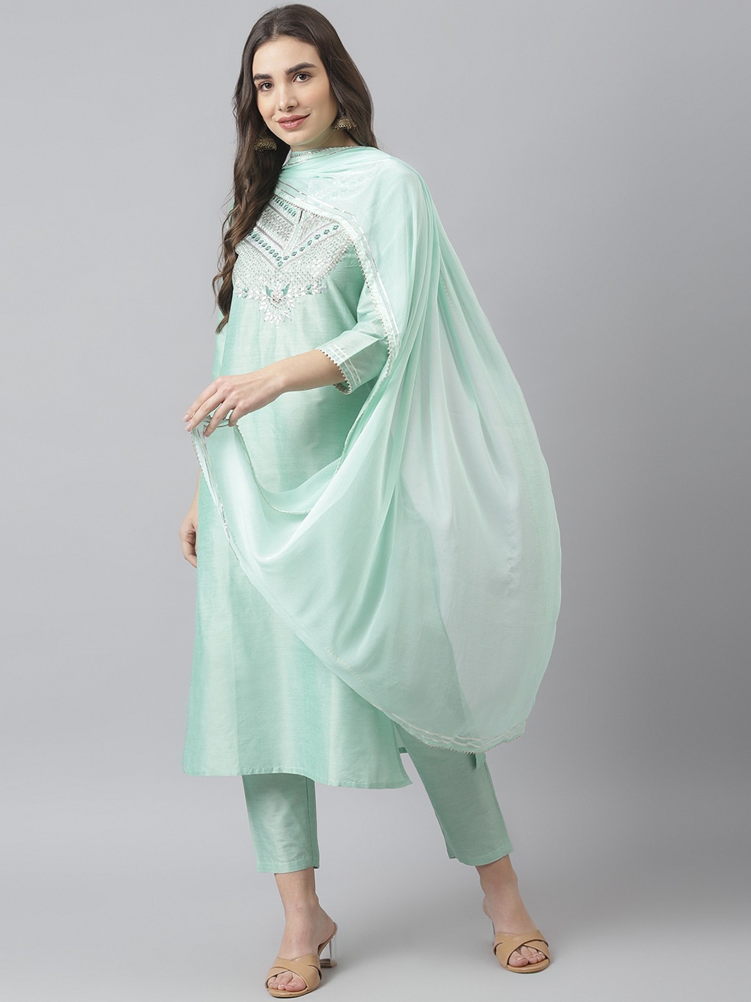 

SIAH Women Sea Green Yoke Design Thread Work Pure Cotton Kurta with Trousers & Dupatta
