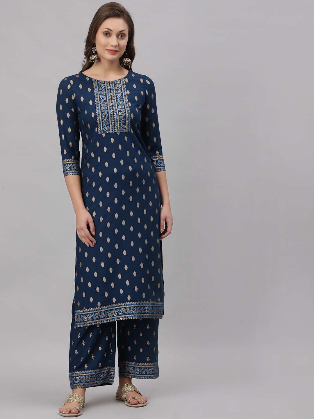 

KALINI Women Teal & Gold-Toned Ethnic Motifs Foil Printed Kurta with Palazzos
