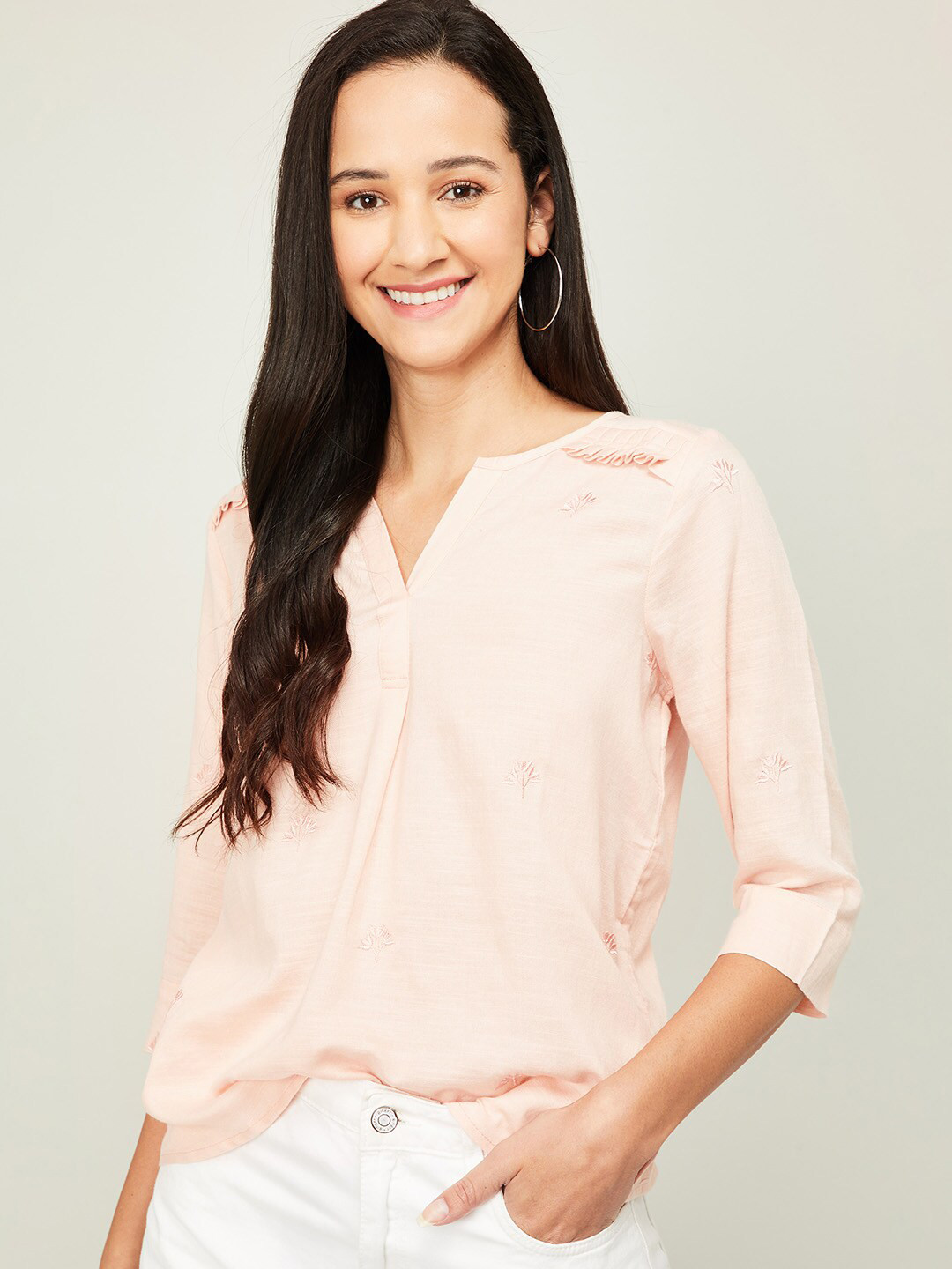 

Fame Forever by Lifestyle Peach-Coloured Embroidered Top