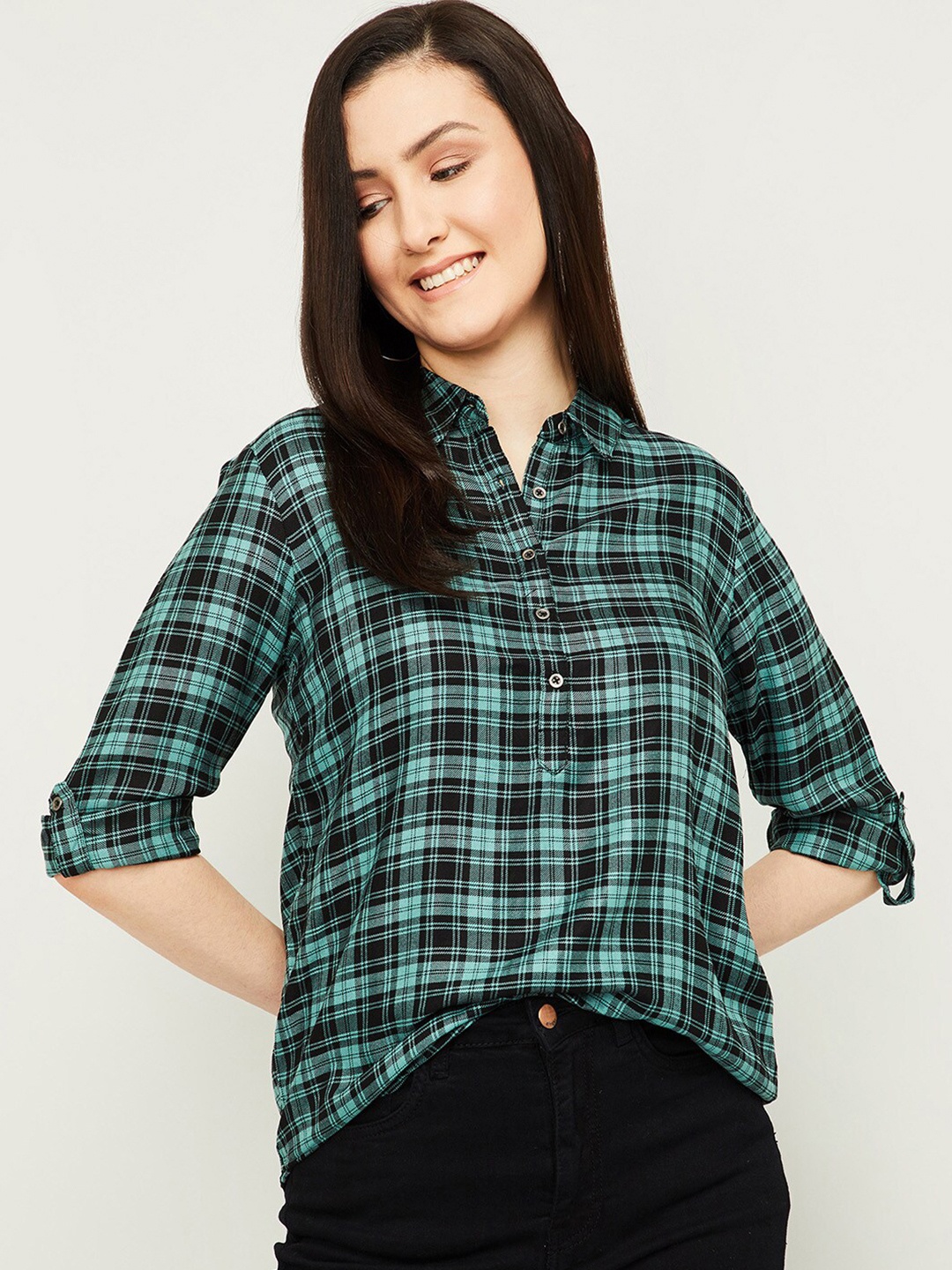 

Fame Forever by Lifestyle Black & Blue Checked Roll-Up Sleeves Shirt Style Top