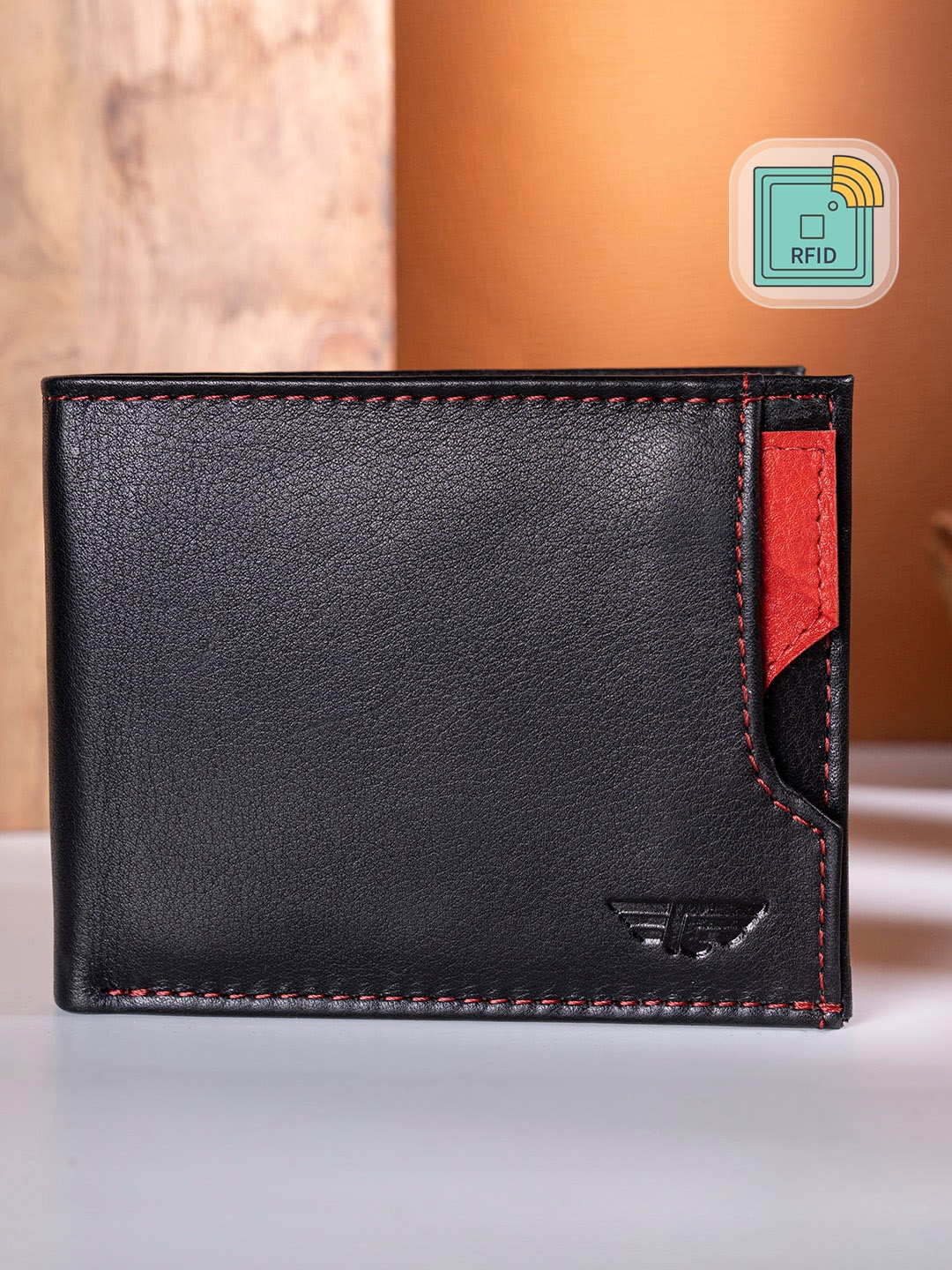 

Red Tape Men Black & Red Textured Leather Two Fold Wallet