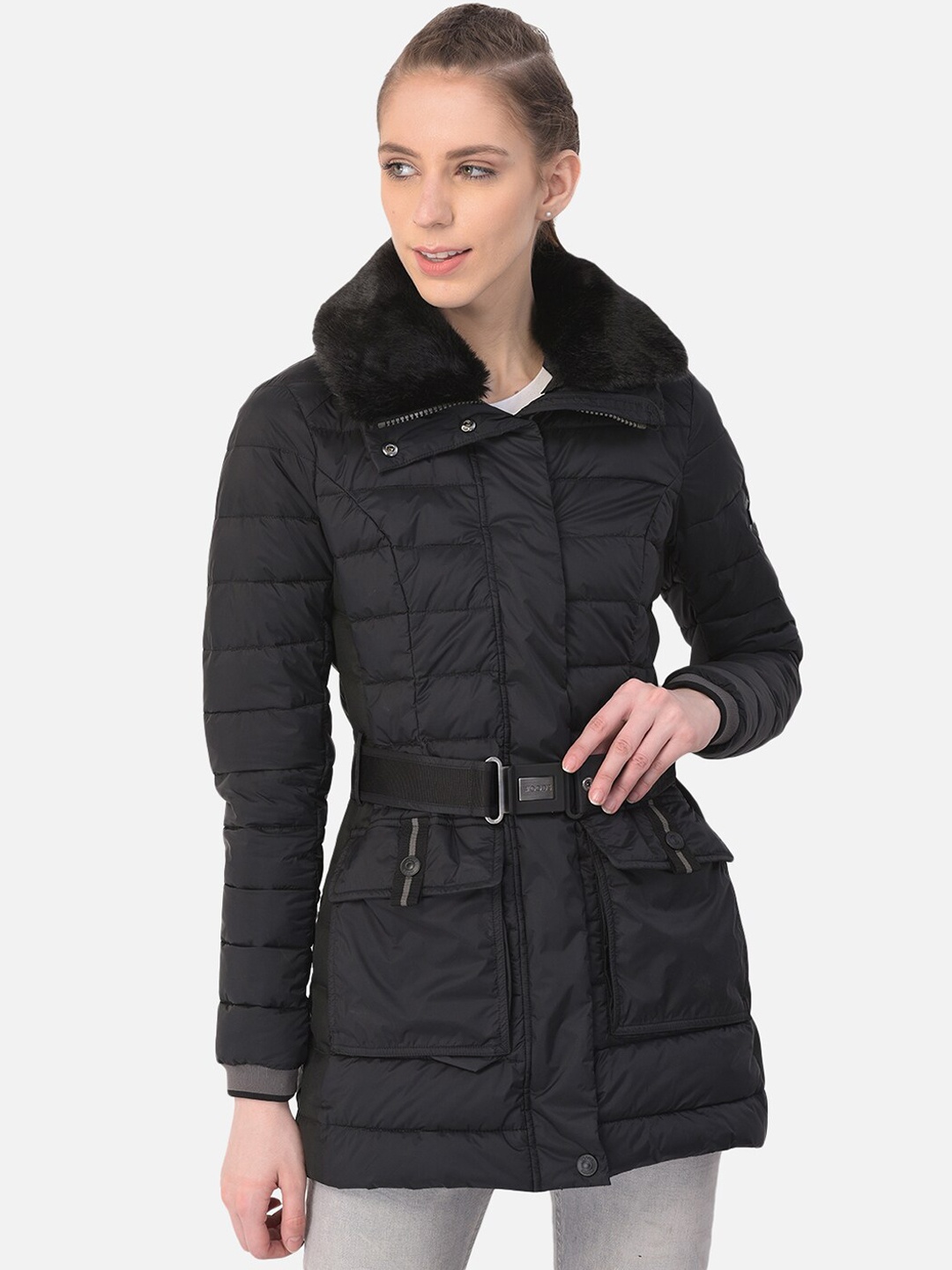 

Woods Women Black Colourblocked Water Resistant Longline Bomber Jacket