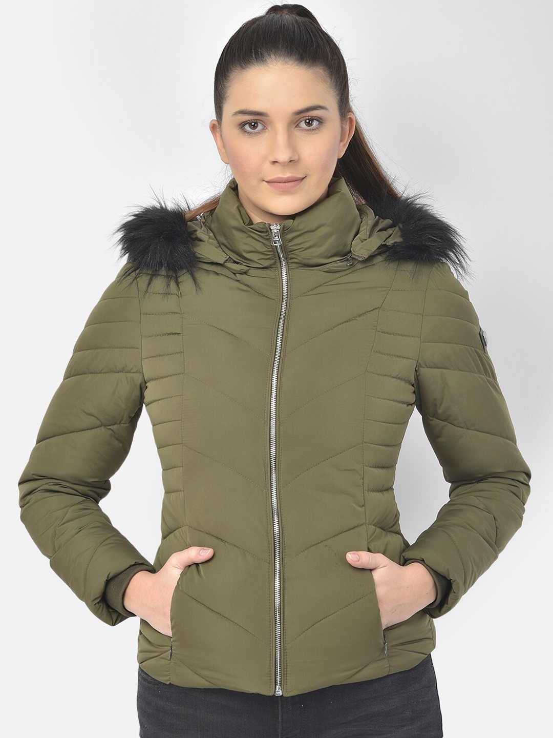

Woods Women Olive Green Camouflage Water Resistant Bomber Jacket