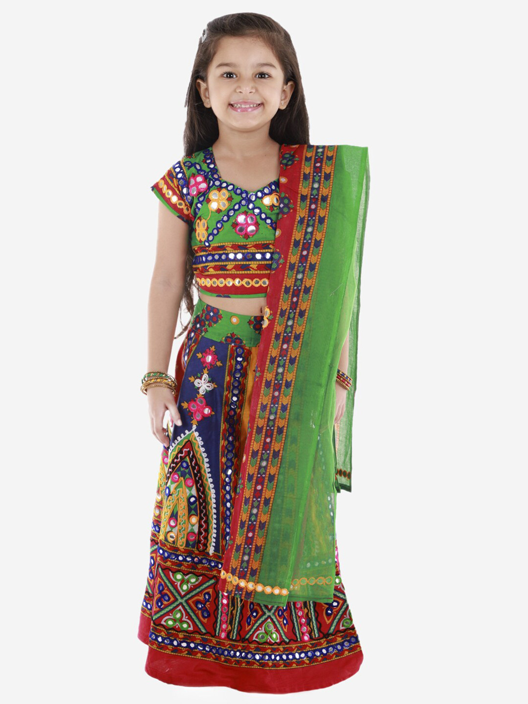 

ahhaaaa Girls Red & Green Embroidered Ready to Wear Lehenga Choli With Dupatta