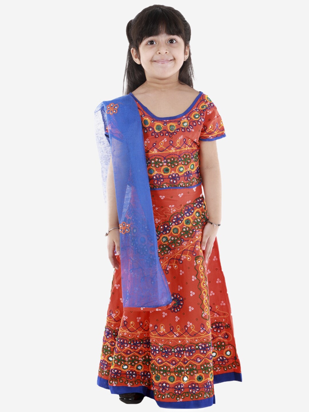 

ahhaaaa Girls Orange & Blue Embroidered Mirror Work Ready to Wear Lehenga & Blouse With Dupatta