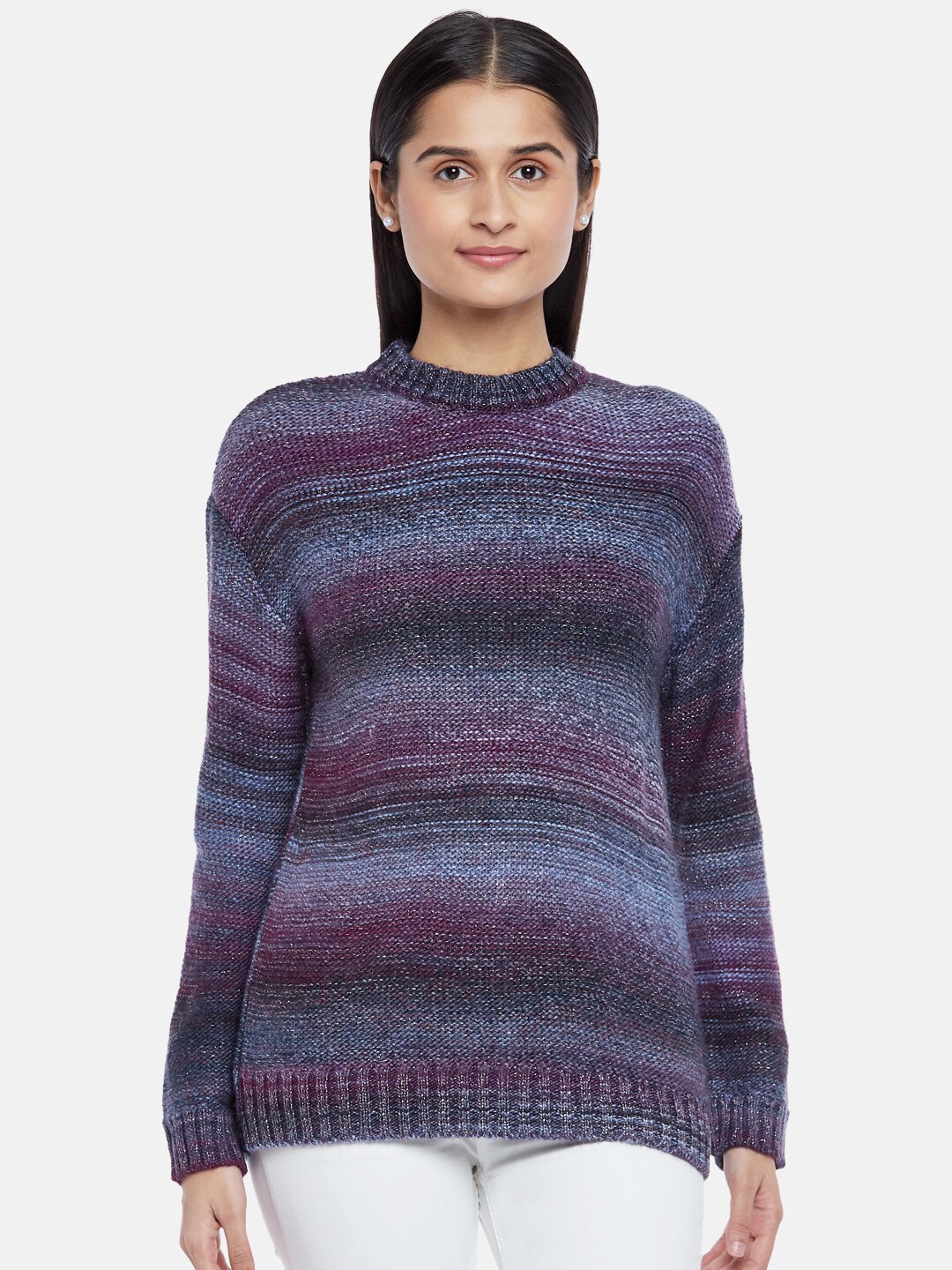 

People Women Black & Purple Striped Pullover