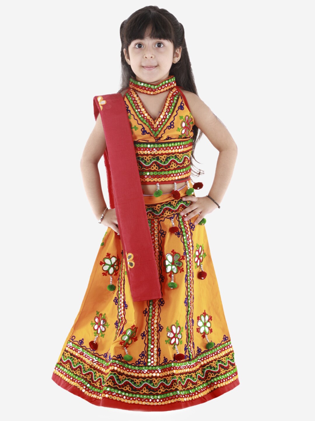 

ahhaaaa Girls Yellow & Red Embroidered Thread Work Ready to Wear Lehenga & Blouse With Dupatta