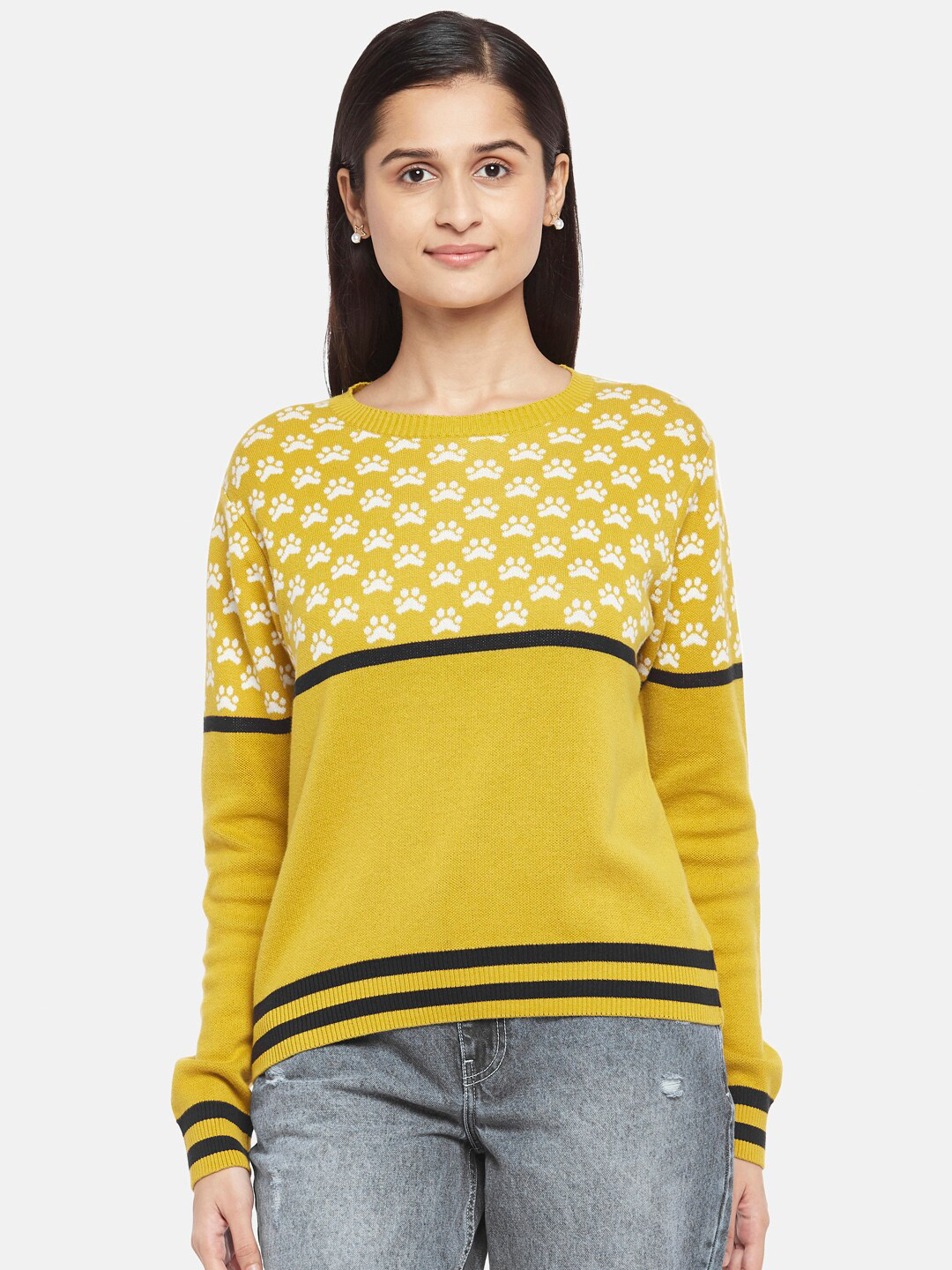 

People Women Mustard & Black selfdesign knitted Pullover