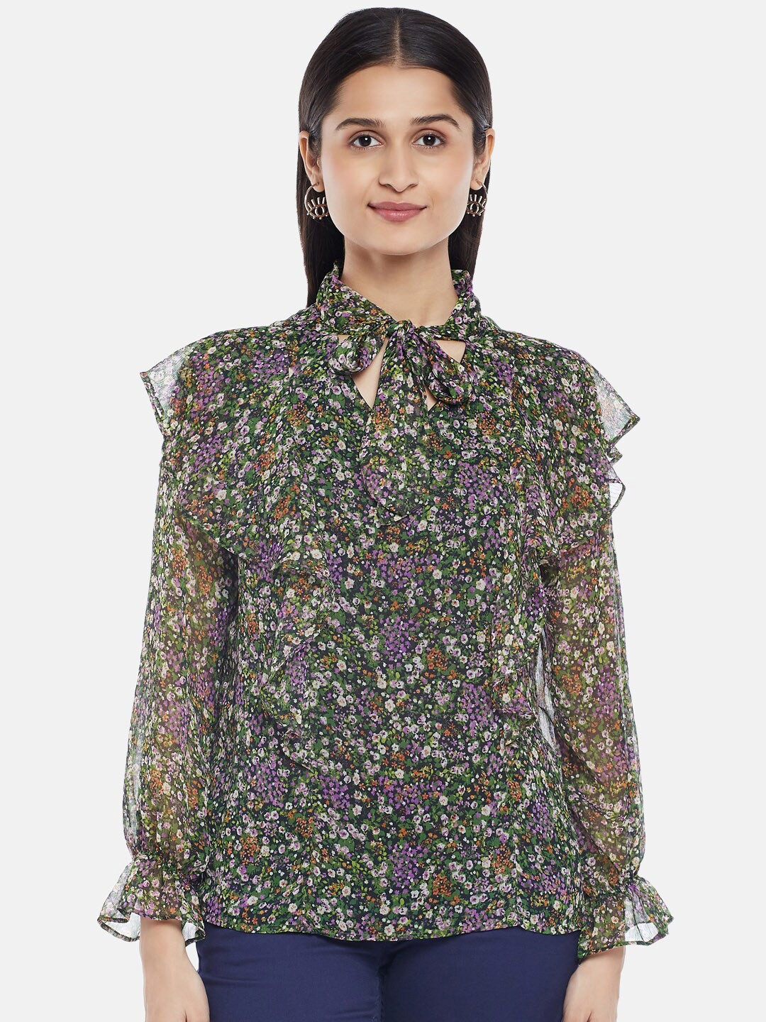

Honey by Pantaloons Green & Purple Floral Print Tie-Up Neck Top
