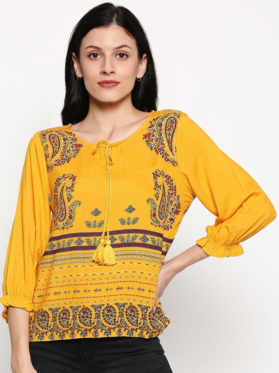 

People Yellow Printed Tie-Up Neck Top