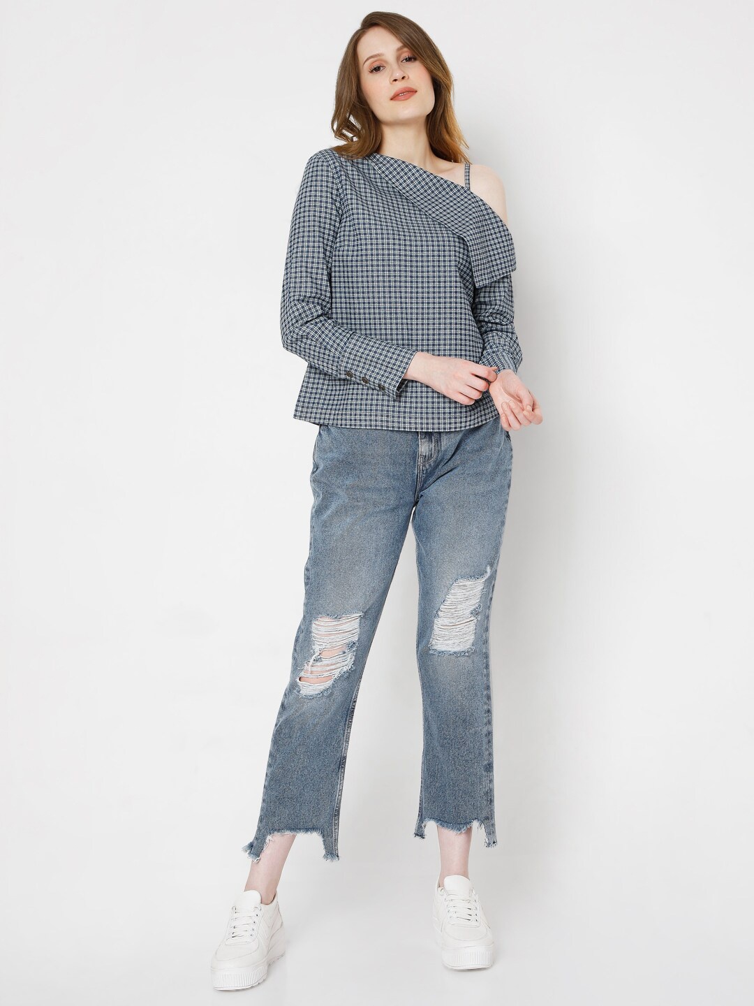 

Vero Moda Navy Blue & White Checked One Shoulder Shirt Style Top
