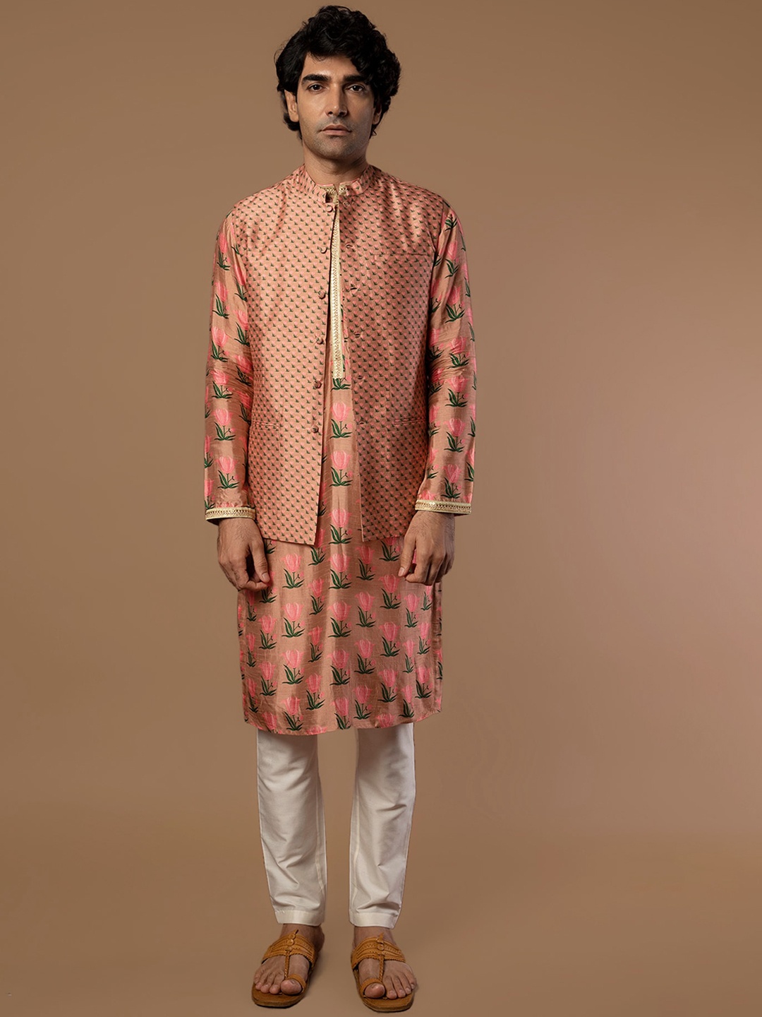 

Masaba Men Pink Floral Printed Raw Silk Kurta with Pyjamas & Nehru Jacket