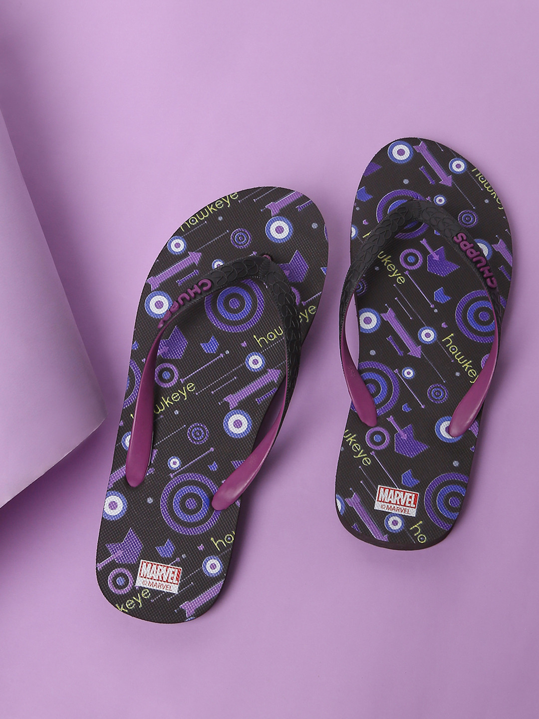 

CHUPPS Women Marvel Black & Purple Printed Natural Rubber Sustainable Thong Flip-Flops